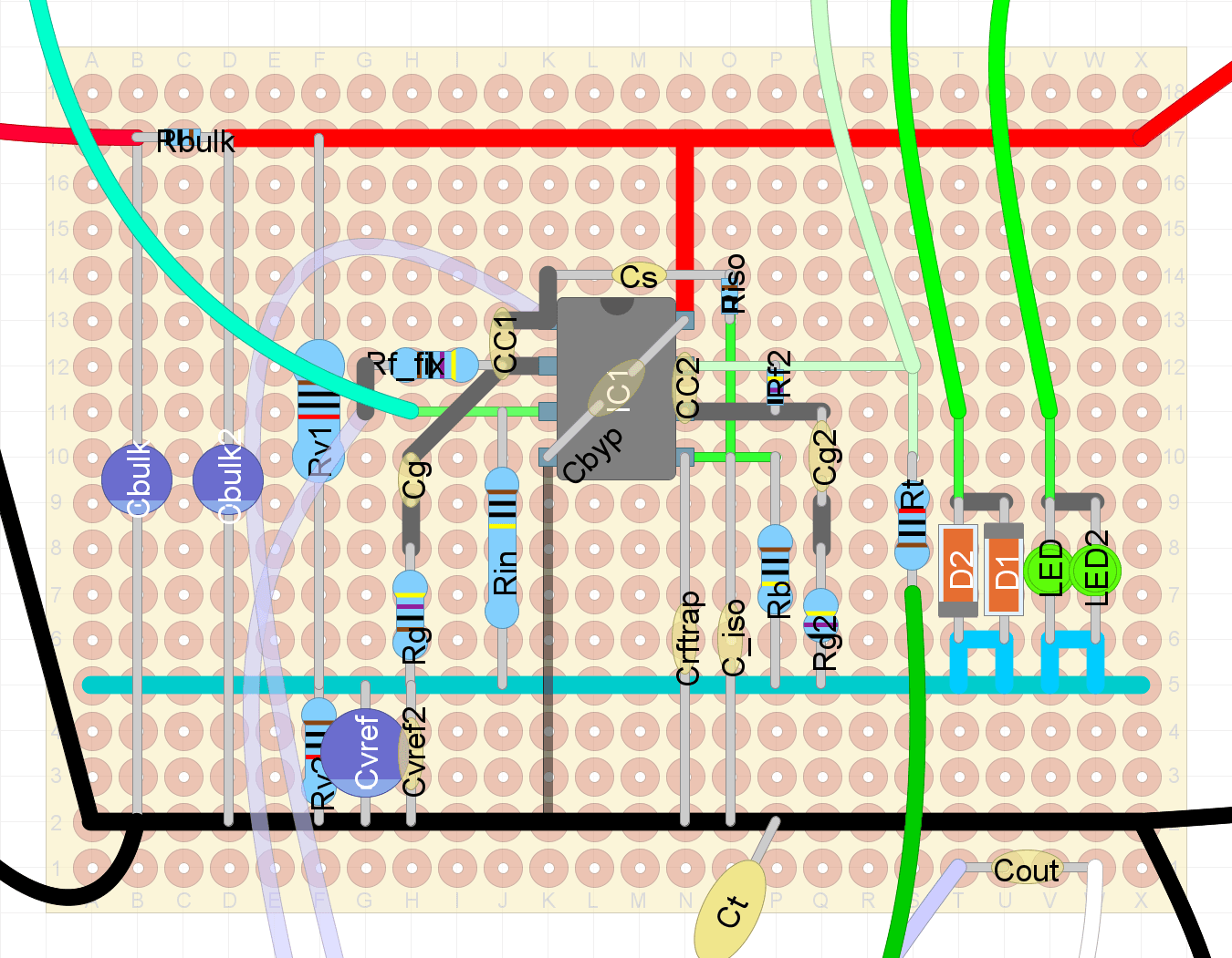 The board itself, hole by hole — every component named and placed on the grid before any soldering